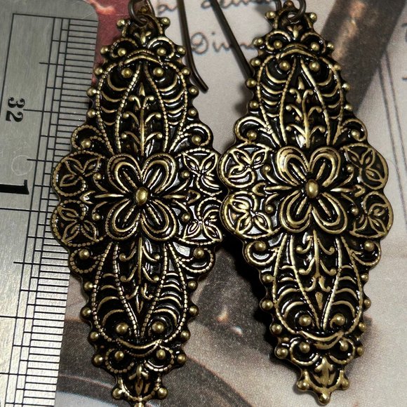 Jewelry - Gothic Renaissance Festival Steampunk Brass French Stamped Long Fancy Earrings